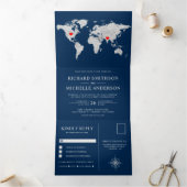 Navy Blue Silver Wereldkaart Alles in een bruiloft Drieluik Uitnodiging (Binnen)