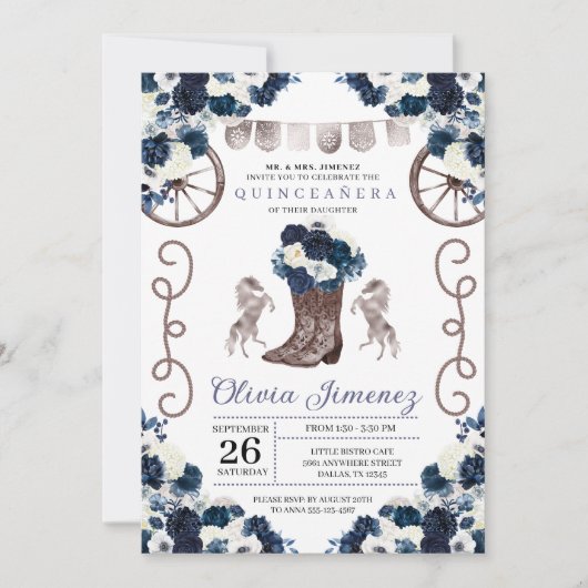 Navy Blue Silver Western Charra Boots Quinceañera Kaart (Voorkant)