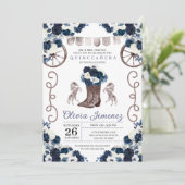 Navy Blue Silver Western Charra Boots Quinceañera Kaart (Staand voorkant)