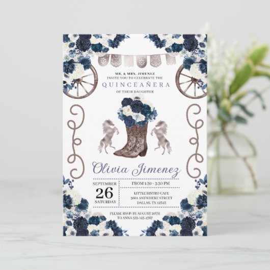 Navy Blue Silver Western Charra Boots Quinceañera Kaart (Staand voorkant)