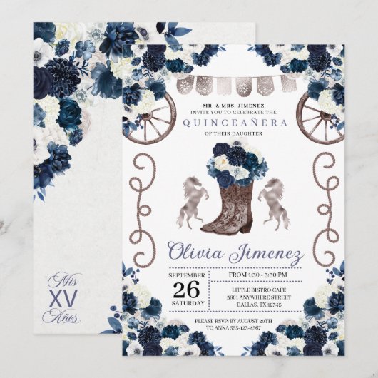 Navy Blue Silver Western Charra Boots Quinceañera Kaart (Voorkant / Achterkant)