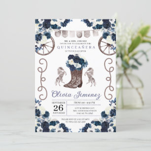 Navy Blue Silver Western Charra Boots Quinceañera Kaart