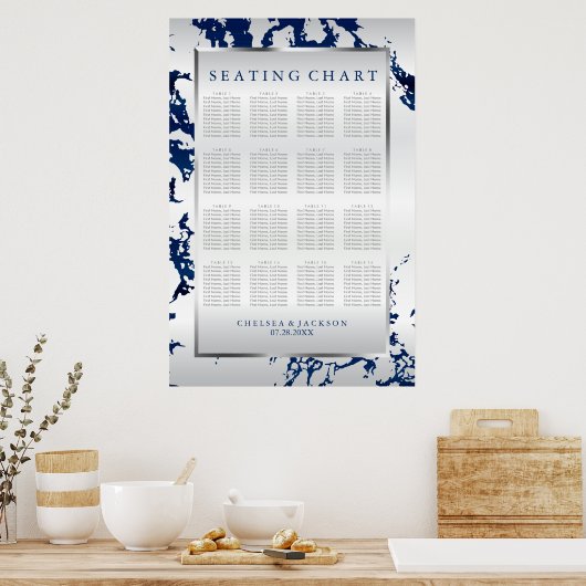 Navy Blue, Silver & White Satin - Zitkaart Poster (Keuken)