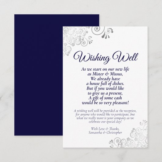 Navy Blue & Silver White Wedding Wishing Well Poem Informatiekaartje (Voorkant / Achterkant)