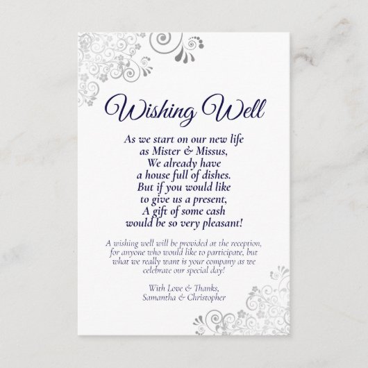 Navy Blue & Silver White Wedding Wishing Well Poem Informatiekaartje (Voorkant)