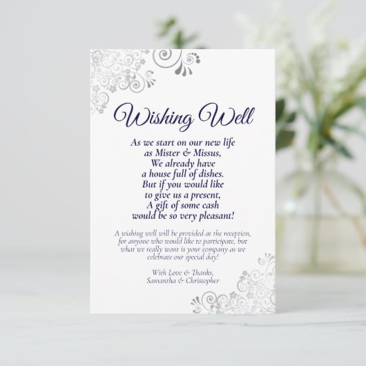 Navy Blue & Silver White Wedding Wishing Well Poem Informatiekaartje (Staand voorkant)