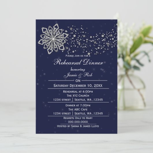Navy Blue Silver Winter Rehearsal Dinner nodig Kaart (Staand voorkant)
