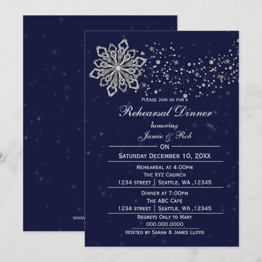 Navy Blue Silver Winter Rehearsal Dinner nodig Kaart (Voorkant / Achterkant)