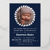 Navy Blue Silver Wreath Baby Photo Naming Ceremony Folie Uitnodiging (Voorkant)