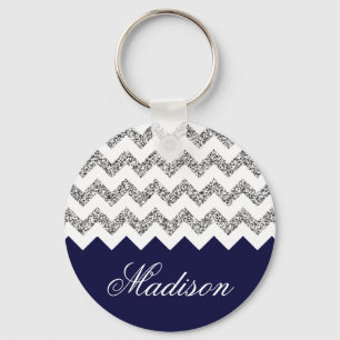 Navy Blue Silvery Glitter Chevron Pattern Sleutelhanger