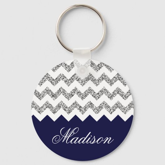 Navy Blue Silvery Glitter Chevron Pattern Sleutelhanger (Voorkant)