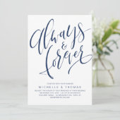Navy Blue Simple Altijd en altijd Script Weddensch Kaart (Staand voorkant)