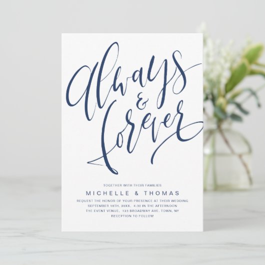 Navy Blue Simple Altijd en altijd Script Weddensch Kaart (Staand voorkant)