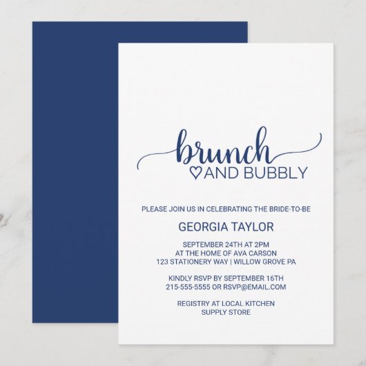 Navy Blue Simple Calligraphy Brunch en Bubble Kaart (Voorkant / Achterkant)