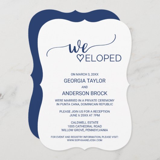 Navy Blue Simple Calligraphy Elopement Reception Kaart (Voorkant / Achterkant)