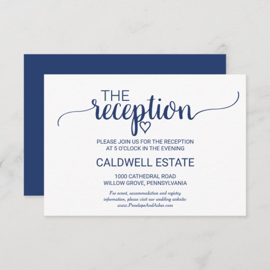 Navy Blue Simple Calligraphy Reception Kaart (Voorkant / Achterkant)