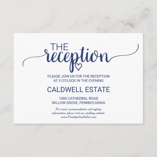Navy Blue Simple Calligraphy Reception Kaart (Voorkant)
