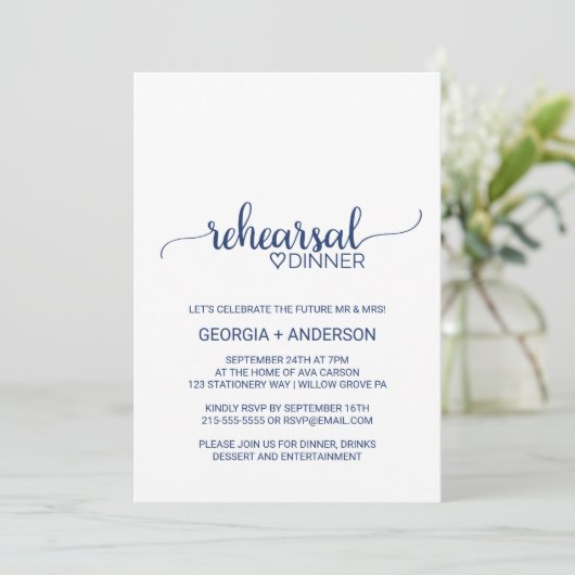 Navy Blue Simple Calligraphy Rehearsal Dinner Kaart (Staand voorkant)