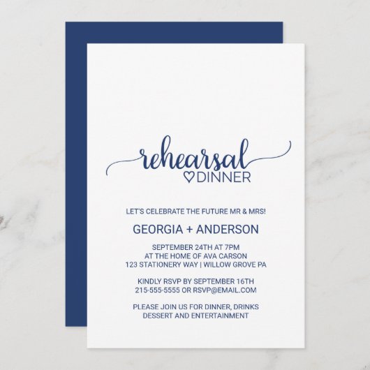Navy Blue Simple Calligraphy Rehearsal Dinner Kaart (Voorkant / Achterkant)