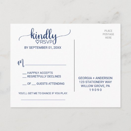 Navy Blue Simple Calligraphy Song Request RSVP Uitnodiging Briefkaart (Achterkant)