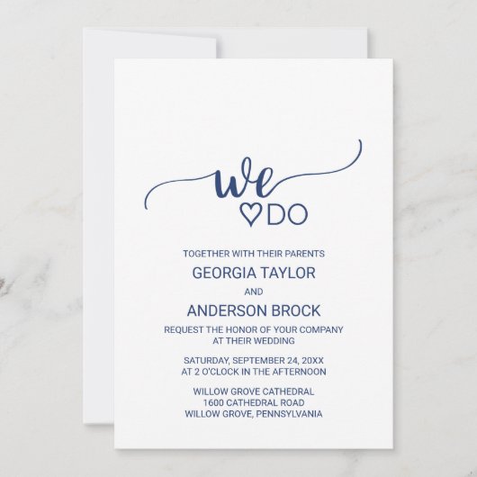Navy Blue Simple Calligraphy "We do" Weddenschap Kaart (Voorkant)