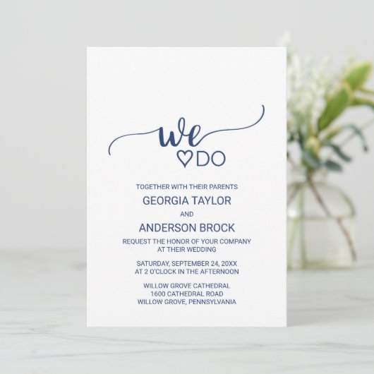 Navy Blue Simple Calligraphy "We do" Weddenschap Kaart (Staand voorkant)
