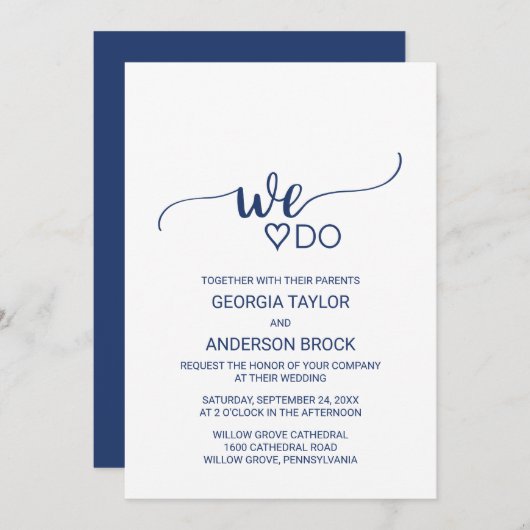 Navy Blue Simple Calligraphy "We do" Weddenschap Kaart (Voorkant / Achterkant)