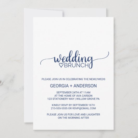 Navy Blue Simple Calligraphy Wedding Brunch Kaart (Voorkant)