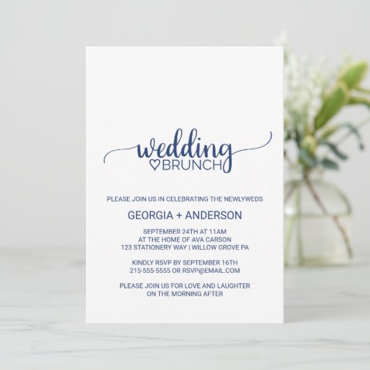 Navy Blue Simple Calligraphy Wedding Brunch Kaart (Staand voorkant)