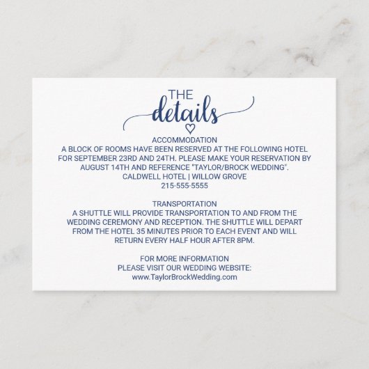 Navy Blue Simple Calligraphy Wedding Details Kaart (Voorkant)