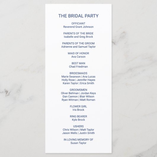 Navy Blue Simple Calligraphy Wedding Programme Programmakaart (Achterkant)