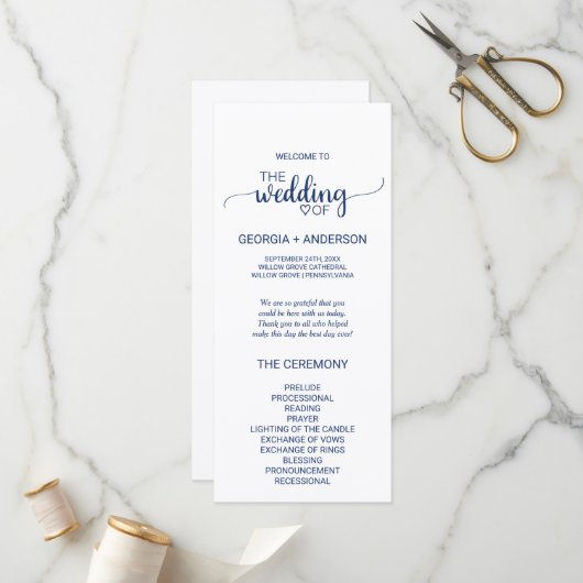 Navy Blue Simple Calligraphy Wedding Programme Programmakaart (Voorkant / Achterkant in situ)