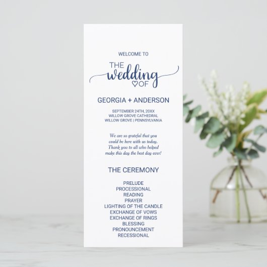 Navy Blue Simple Calligraphy Wedding Programme Programmakaart (Staand voorkant)