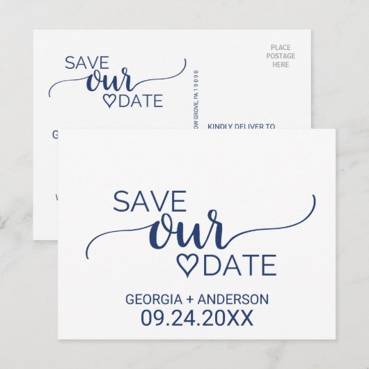Navy Blue Simple Calligraphy Wedding Save the Date Aankondigingskaart (Voorkant / Achterkant)