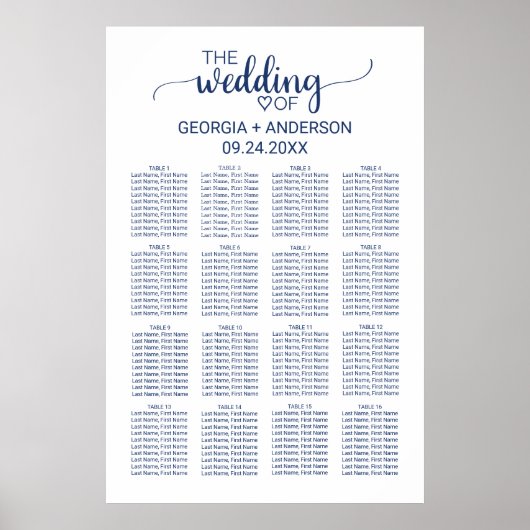 Navy Blue Simple Calligraphy Wedding Seating Chart Poster (Voorkant)