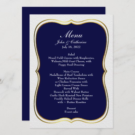 Navy Blue Simple Elegance Wedding Menu (Voorkant / Achterkant)