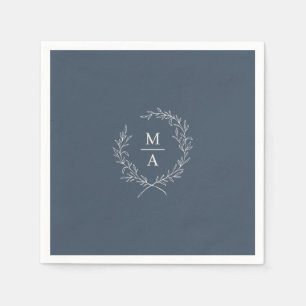 Navy Blue Simple Elegant Laurel Wreatmonogram Servet