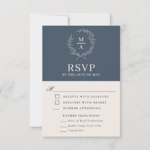 Navy Blue Simple Elegant Monogram RSVP met maaltij Kaartje