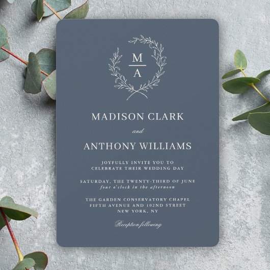 Navy Blue Simple Elegant Monogram Weddenschap Kaart
