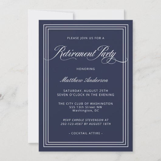 Navy Blue Simple Elegant Retirement Party Kaart (Voorkant)