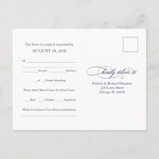Navy Blue Simple Elegant Wedding RSVP Briefkaart (Achterkant)