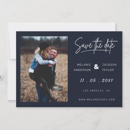 Navy Blue Simple Handwritings-foto Save The Date (Voorkant)