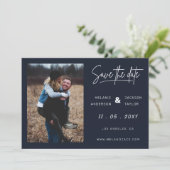 Navy Blue Simple Handwritings-foto Save The Date (Staand voorkant)