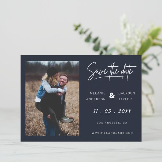 Navy Blue Simple Handwritings-foto Save The Date (Staand voorkant)