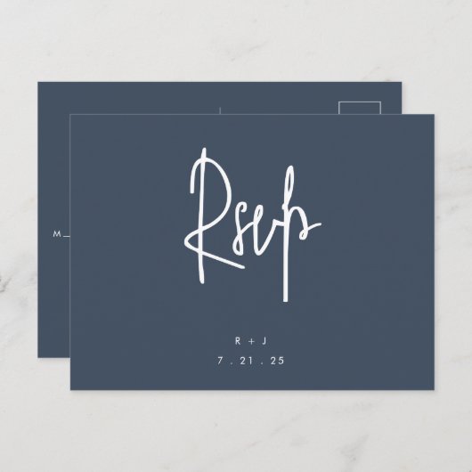 Navy Blue Simple Lettering Wedding RSVP Briefkaart (Voorkant / Achterkant)