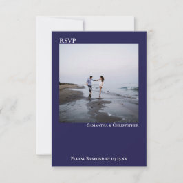 Navy Blue Simple Modern Minimalist Photo Wedding RSVP Kaartje