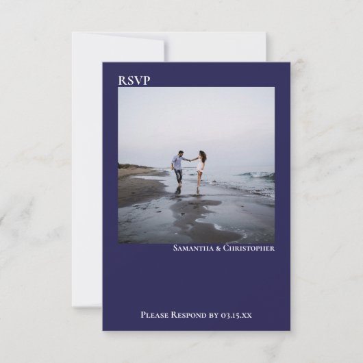 Navy Blue Simple Modern Minimalist Photo Wedding RSVP Kaartje (Voorkant)