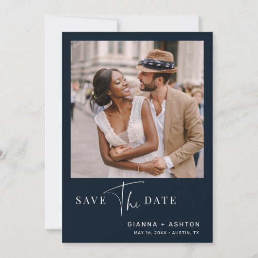 Navy Blue Simple Modern Script Weduwfoto Save The Date (Voorkant)