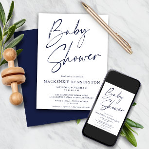 Navy Blue Simple Script-Baby shower Kaart