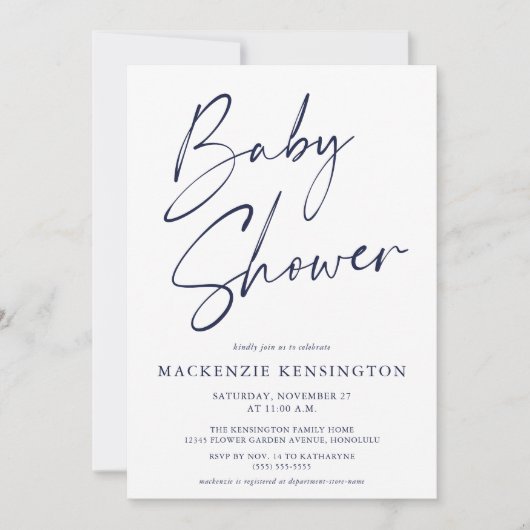 Navy Blue Simple Script-Baby shower Kaart (Voorkant)
